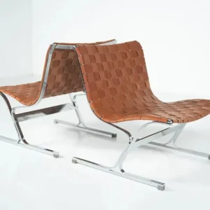 Mid-Century Pair of Lounge Chairs by Ross Littell for ICF, Cognac Leather, Italy, 1970s