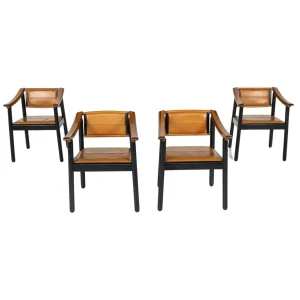 Mid-Century Modern 4 Armchairs in the style of Scarpa, Wood and Leather, Italy