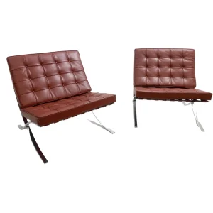 Pair of Burgundy Leather Barcelona Chairs by Mies Van Der Rohe for Knoll, 1990s
