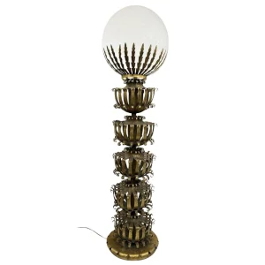 Mid-Century Floor Lamp, Gold Metal and Opaline Glass