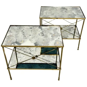 Pair of side tables, brass structure and oxidized mirror tops, Maison Jansen