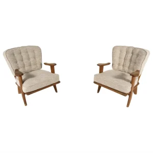 Mid-Century Pair of Wooden Armchairs by Guillerme & Chambron, France, 1960s