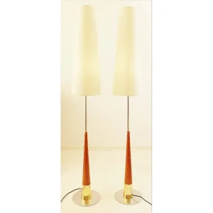 Pair of Mid-Century Floor Lamps in Burled Wood and Metal