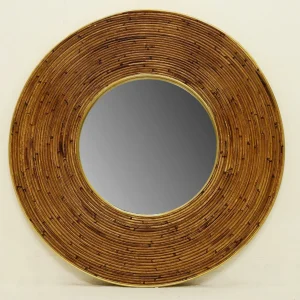 Round Mid Century Modern Mirror with Wicker Frame