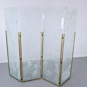 Belgian Foldingscreen Composed Of Four Engraved Glass Panels
