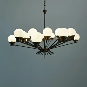 Mid Century Chandelier in Opaline and Brass
