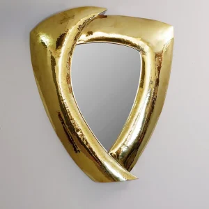 Contemporary Harp-Shaped Mirror in Hammered Brass