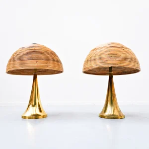 Pair of Contemporary Brass and Rattan Table Lamps