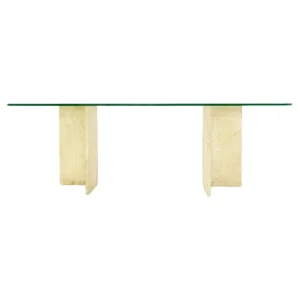 1970's Large Italian Travertine and Glass Console Table