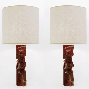 Pair of Carved Wooden Table Lamps by Gianni Pinna