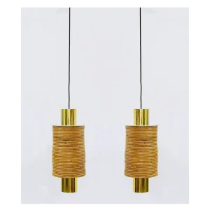 Pair of Modern Italian Brass and Bamboo Pendants