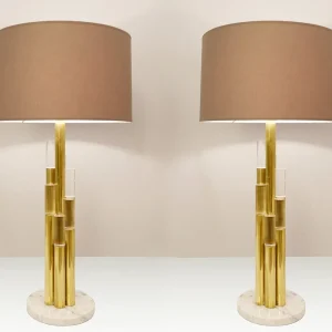 Pair of Contemporary Brass and Glass Tube Table Lamps