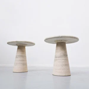 Contemporary Pair of Travertine Side Tables