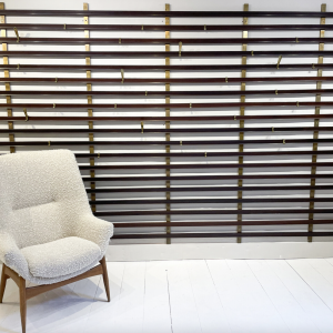 Mid-Century Slatted Coat Rack by Jules Wabbes, Brass Hooks, Belgium, 1950s