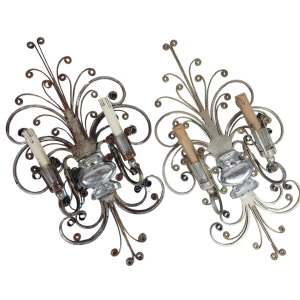 Pair of Silver Wrought Iron And Glass Wall Lights by Banci, Italy, 1940s