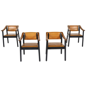 Mid-Century Modern 4 Armchairs in the style of Scarpa, Wood and Leather, Italy