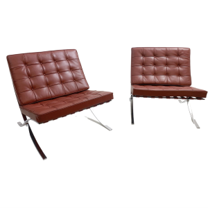 Pair of Burgundy Leather Barcelona Chairs by Mies Van Der Rohe for Knoll, 1990s