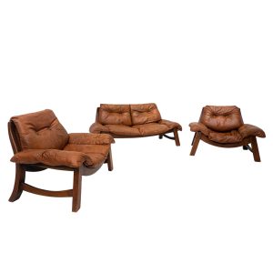 Mid Century Modern Living Room Set in Cognac Leather