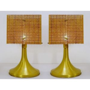 Pair of Woven Cane and Plexiglass Tables Lamps