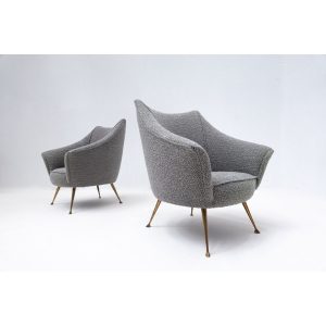 Pair of Mid Century Modern Grey Armchairs with Brass Feet