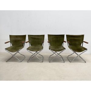 Set of 4 Mid Century Modern Green Canvas Folding Armchairs