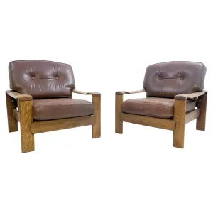 Pair of Mid Century Modern Armchairs in Leather & Oak