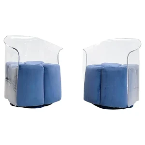 Pair of Mid Century Modern Lucite Armchairs in Blue Velvet
