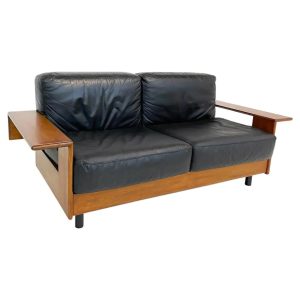 Mid Century Modern Sofa in Black Leather & Wood