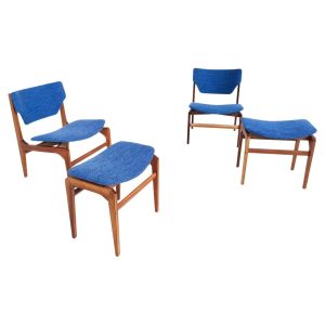 Pair of Blue Mid Century Modern Armchairs with Matching Ottomans