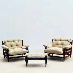 Pair of Mid Century Brazilian "Easy Chairs" & Ottoman by Jean Gillon for Italma Wood Art