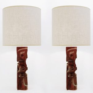 Pair of Carved Wooden Table Lamps by Gianni Pinna
