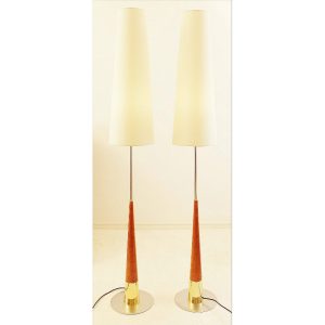 Pair of Mid-Century Floor Lamps in Burled Wood and Metal