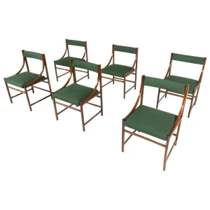 Mid-Century Modern Set of 6 Armchairs, Wood and Fabric, Italy, 1960s