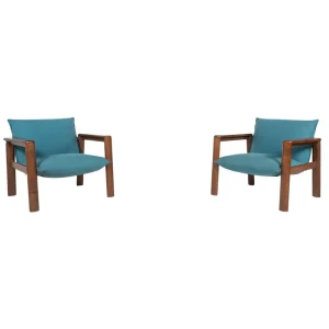 Mid-Century Modern Pair of Armchairs, Blue Fabric and Wood, Italy, 1960s