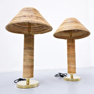 Contemporary Pair of Brass and Bamboo Table Lamp, Italy