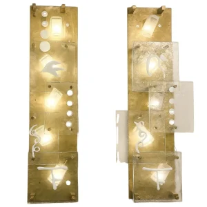 Mid-Century Modern Pair of Wall Lights, Glass and Brass, Italy