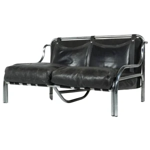 2-Seater Stringa Sofa by Gae Aulenti, Black Leather, Italy, 1962