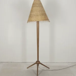Contemporary Mid-Century French style floor lamp with rattan shade