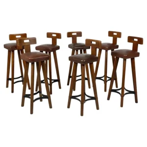 Brutalist Bar Stool, Wood and Leather, 1970s - 3 available