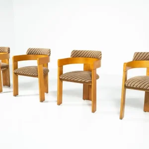 Set of 4 Armchairs, Wood and Fabric, Italy, 1970s