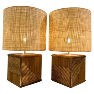 Pair of Contemporary Table Lamps, Brass and Wood, Italy