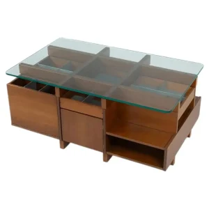 Mid-Century Modern Coffee Table with Compartments, Wood and Glass, Italy, 1970s