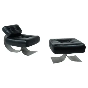 Black Leather Lounge chair and Ottoman Model 'Alta' by Oscar Niemeyer