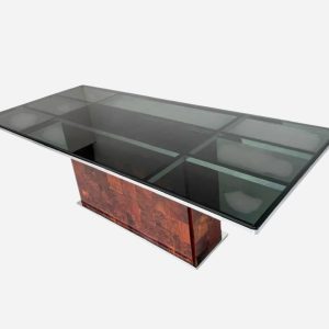 Dining Table by Romeo Rega for Mario Sabot, Burl Wood and Glass, 1970s